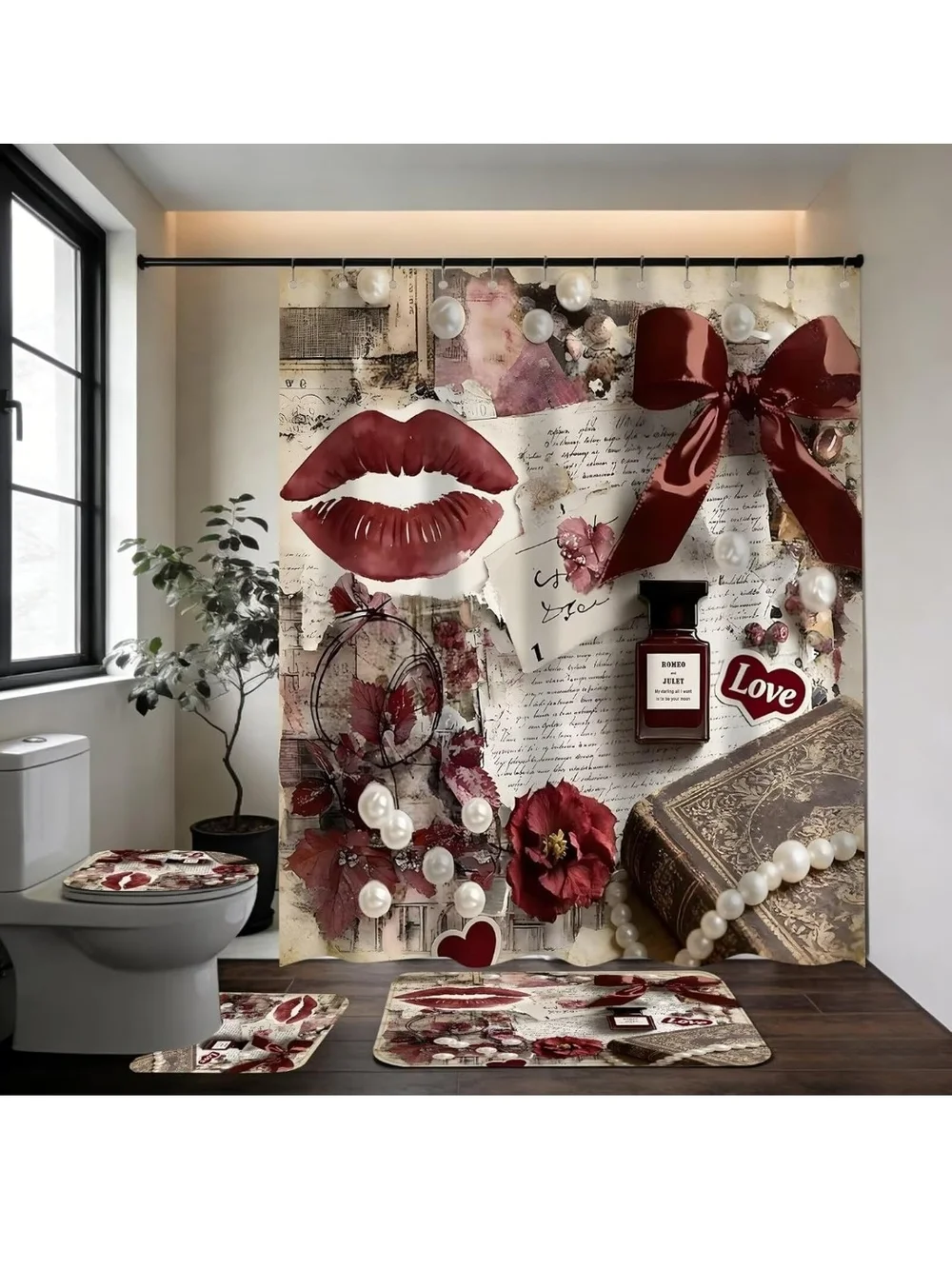 Vintage Romance Red Bath Set with Shower Curtain and Rugs